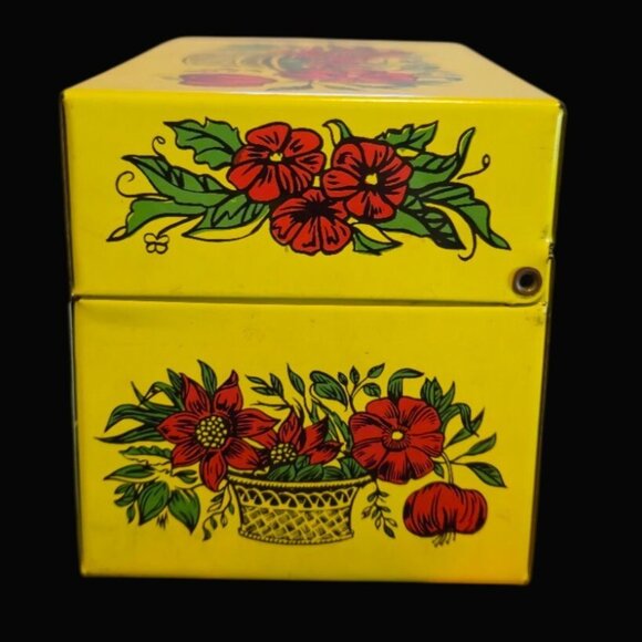 1970s Tin Recipe Box Retro Floral Design yellow red botanical vintage storage - Picture 6 of 9